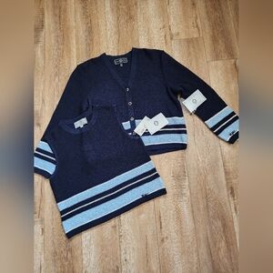 $635 NWT ST. JOHN Sport Crocheted Santana Knit Size M 2pc Set Twinset Navy Wool